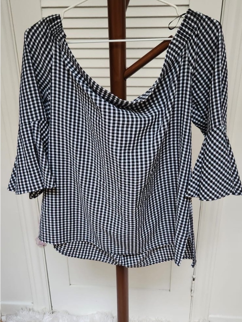 H&M Black and White Gingham Off-Shoulder Bell Sleeve Tunic